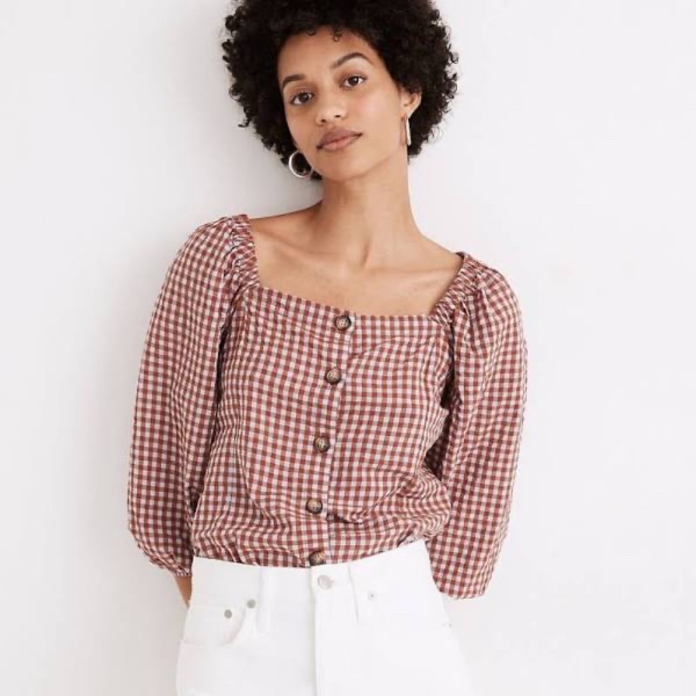 Madewell Gingham Seersucker Puff-Sleeve Button-Front Top